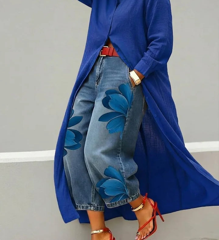 Maud - Vestido Camisa em Linho e Jeans Floral
