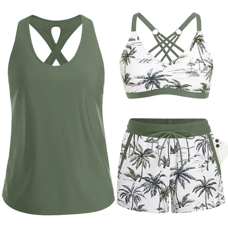 MARIANA | Conjunto de Tankini Esportivo em 3 Peças com Bolsos