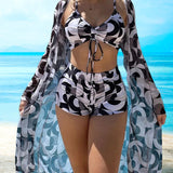 Conjunto de bikini 3 peças com padrão