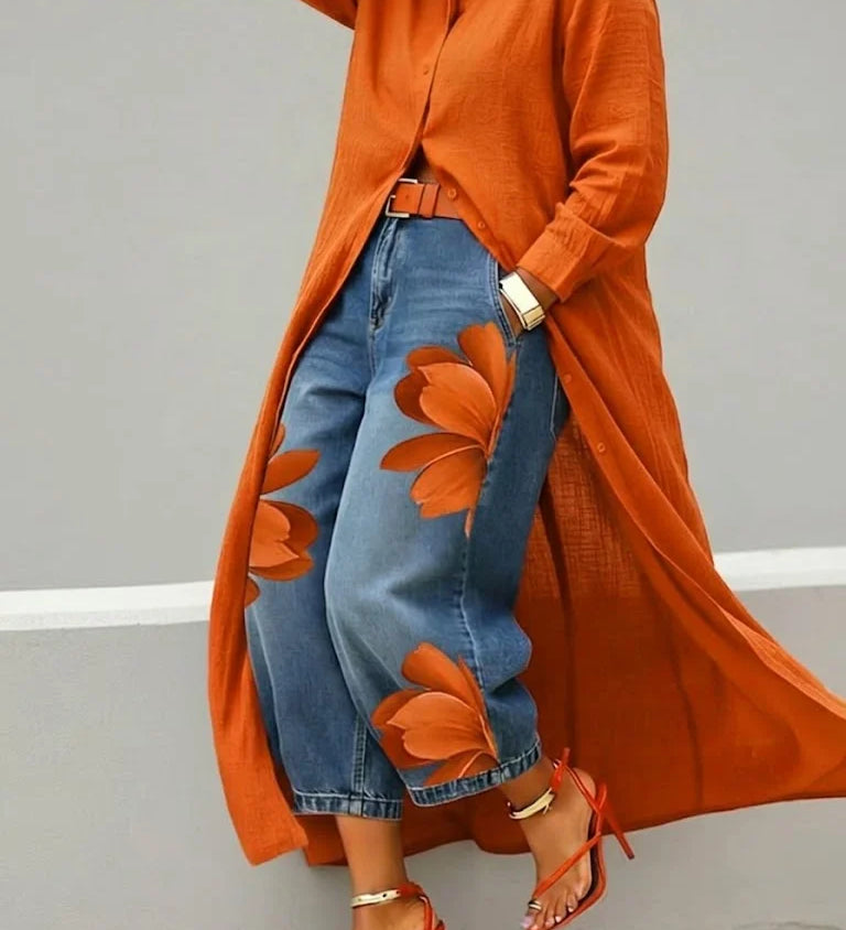 Maud - Vestido Camisa em Linho e Jeans Floral