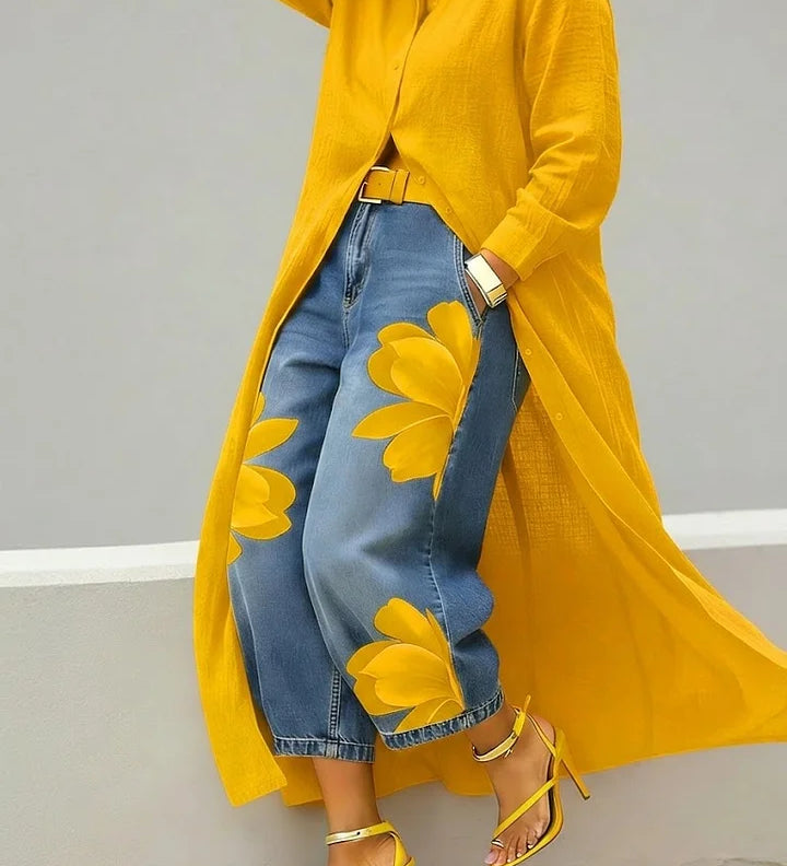 Maud - Vestido Camisa em Linho e Jeans Floral