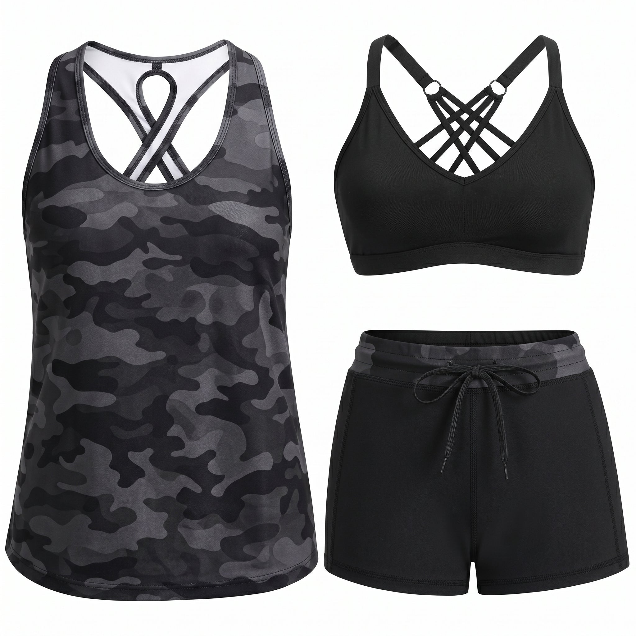 MARIANA | Conjunto de Tankini Esportivo em 3 Peças com Bolsos