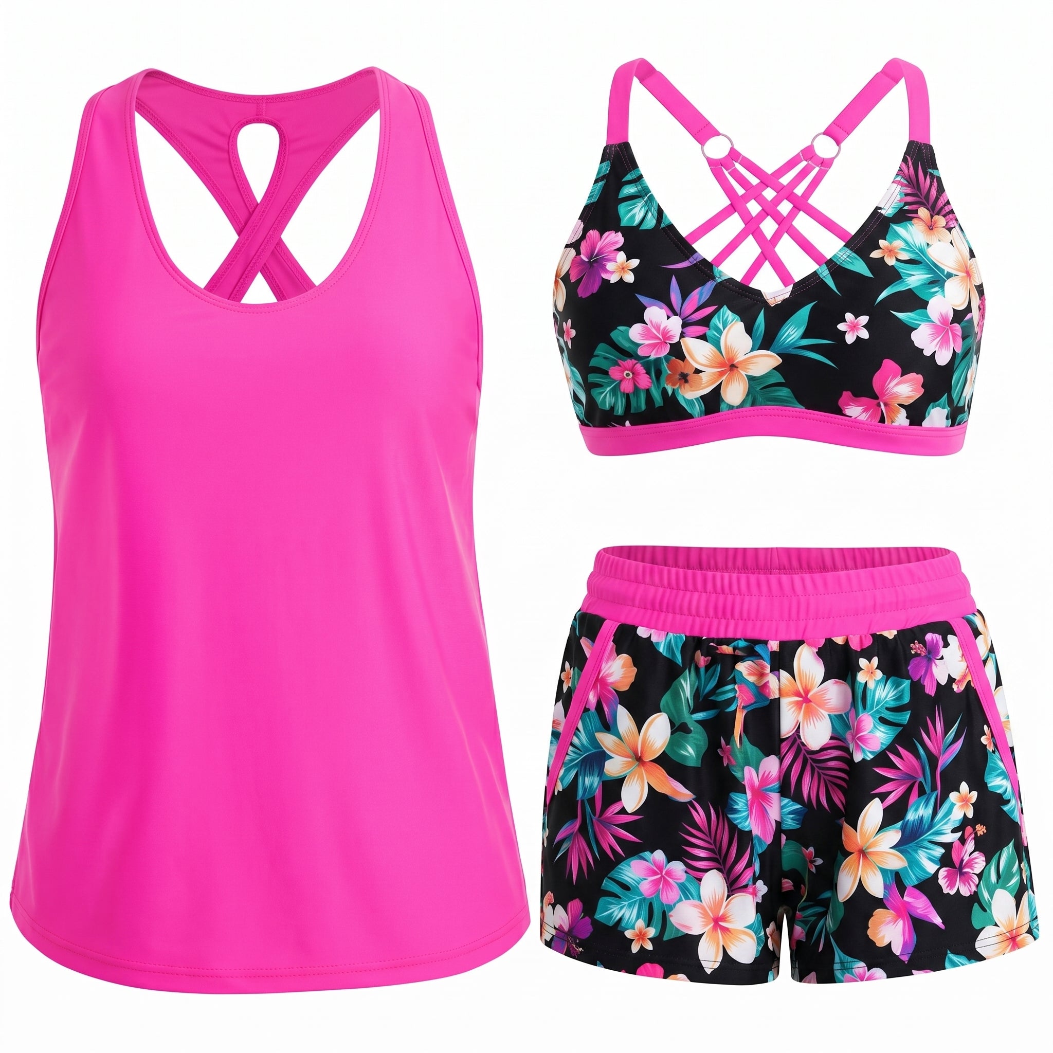 MARIANA | Conjunto de Tankini Esportivo em 3 Peças com Bolsos