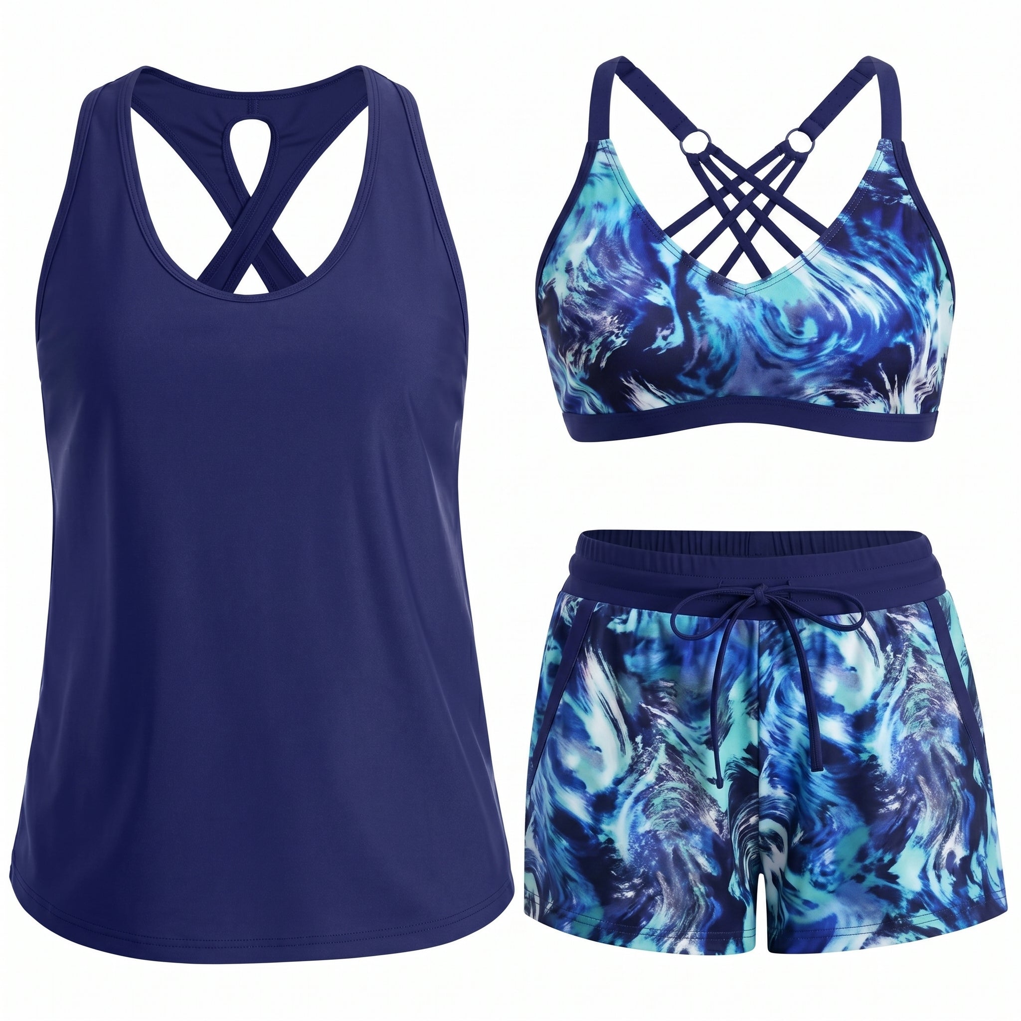 MARIANA | Conjunto de Tankini Esportivo em 3 Peças com Bolsos